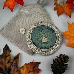 Danforth enamel Green Lotus Pewter Purse Mirror original Carry Pouch signed